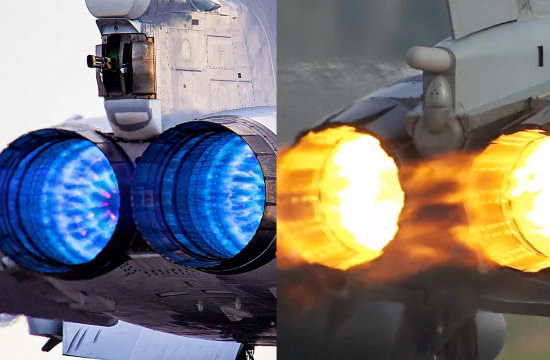Почему на одном режиме работы двигателя у одного реактивного истребителя пламя может быть синим, а у другого красным? (2021)